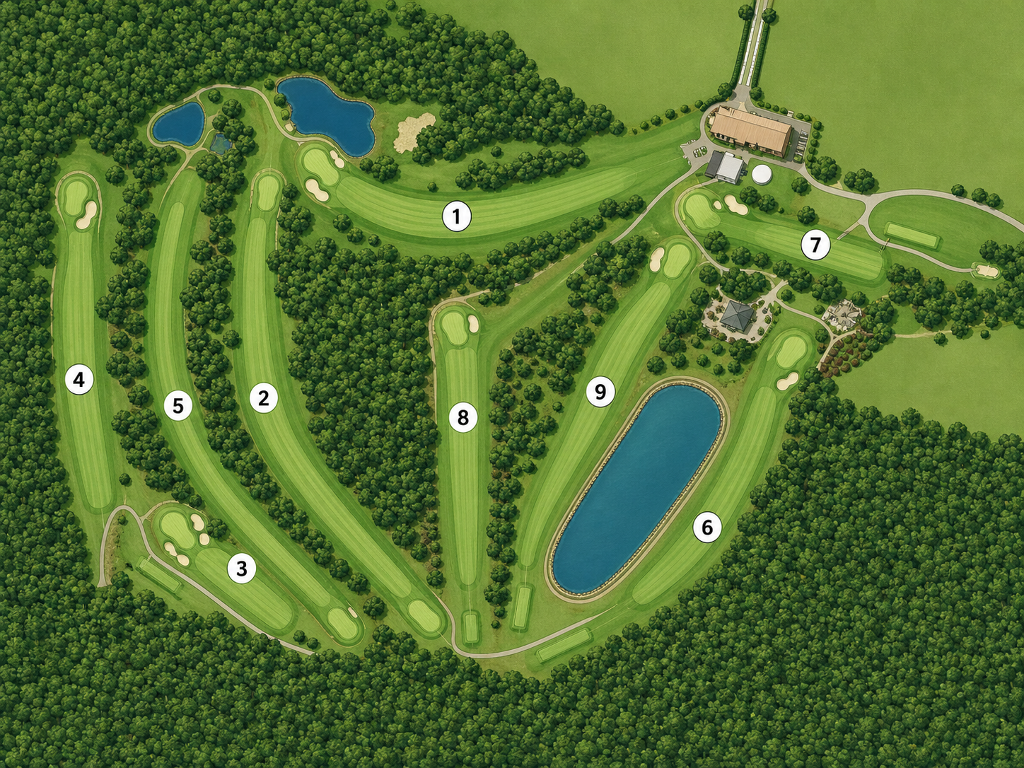 Aerial map of holes 1 to 9 at Exeter Golf Club