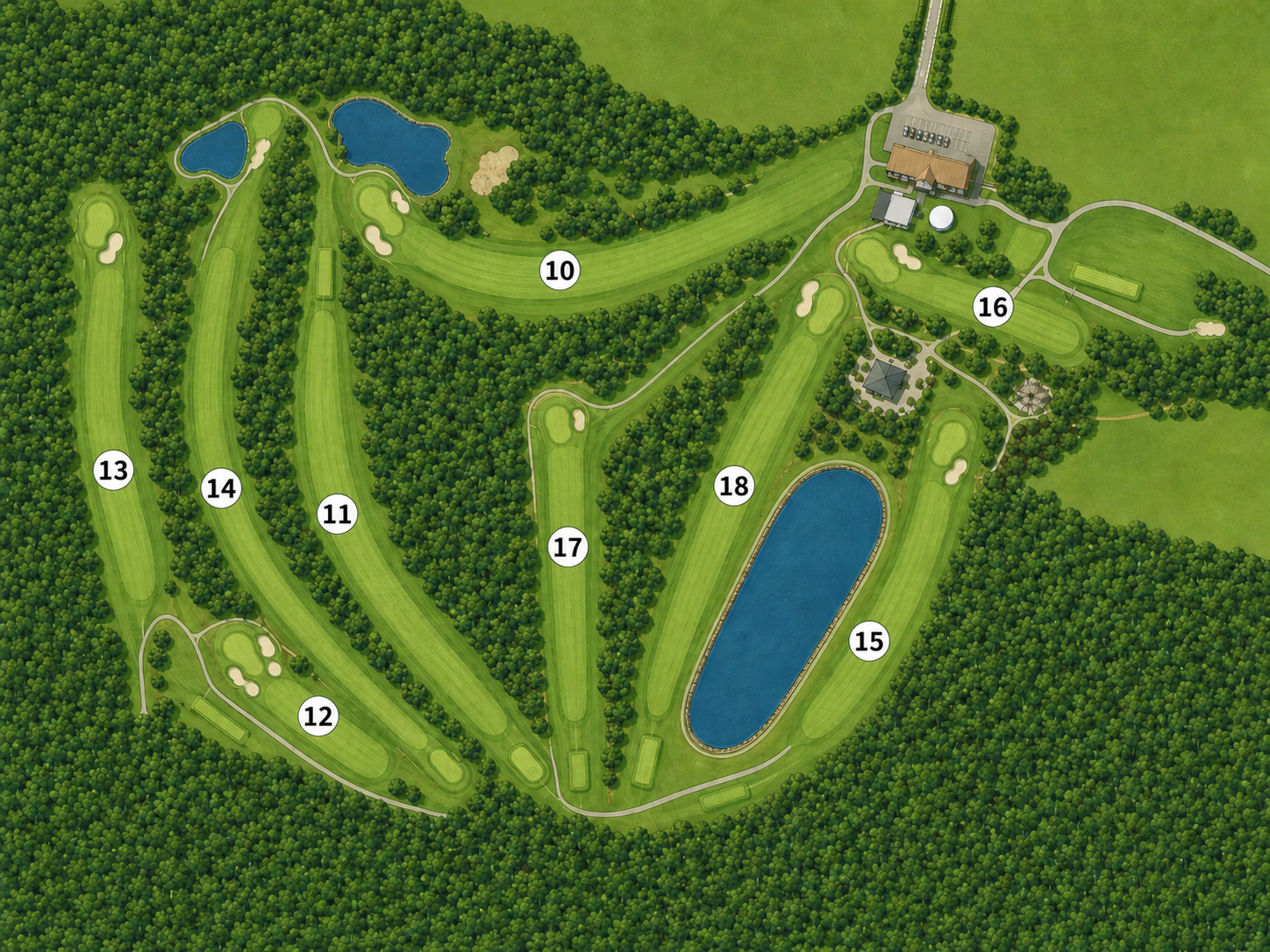 Aerial map of holes 10 to 18 at Exeter Golf Club